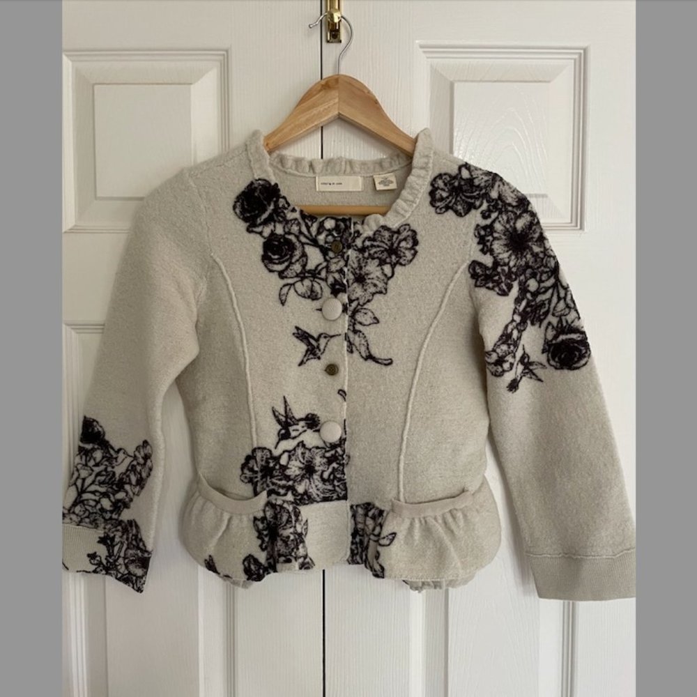 Anthropologies Sleeping in Snow boiled wool ruffled trim hummingbird jacket